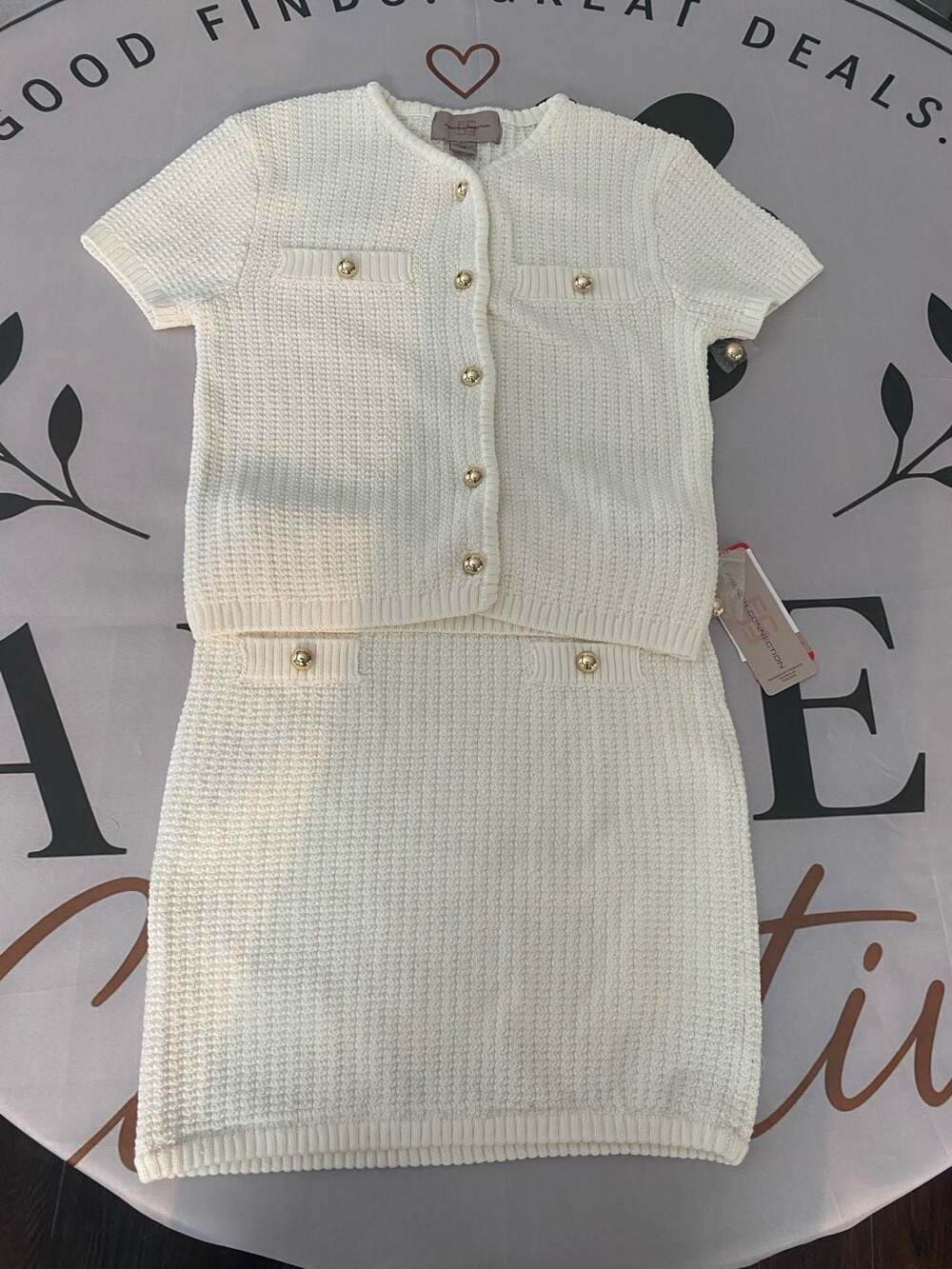 French Connection Women's XS Knit Cardigan set with Skirt in Cream with Gold Bu